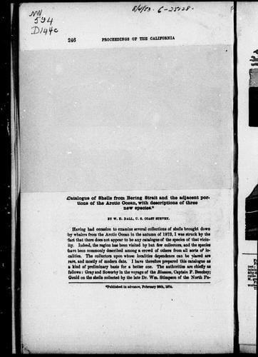 Catalogue of shells from Bering Strait and the adjacent portions of the Arctic Ocean, with descriptions of three new species