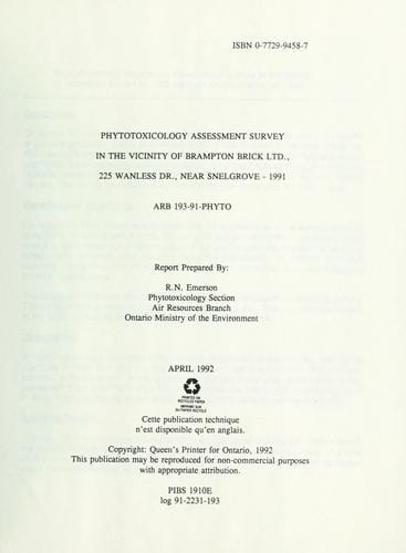 Phytotoxicology assessment survey in the vicinity of Brampton Brick Ltd., 225 Wanless Dr., near Snelgrove - 1991