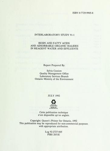 Resin and fatty acids and adsorbable organic halides in reagent water and effluents