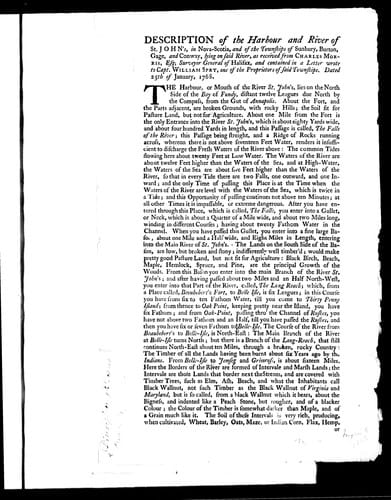 Description of the harbour and river of St. John's, in  Nova-Scotia, and of the townships of Sunbury, Burton, Gage, and Conway, lying on said river, as received from Charles Morris, Esq; surveyor-general of Halifax, and contained in a letter wrote to Capt. W William Spry, one of the proprietors of said townships