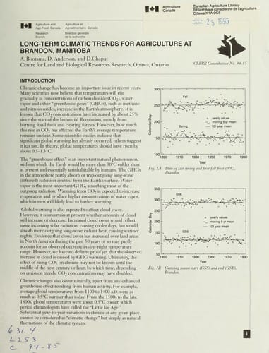 Long-term climatic trends for agriculture at Brandon, Manitoba
