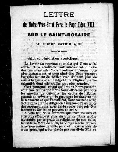 Notre-Dame du Saint-Rosaire et le pape Léon XIII ou Mois du St-Rosaire (octobre 1883) ordonné par le Saint Père en date 1er septembre dernier