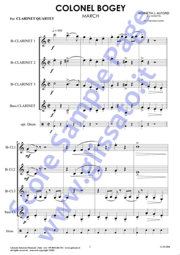 Bb Bass Clarinet part of "Colonel Bogey" for Clarinet Quartet March