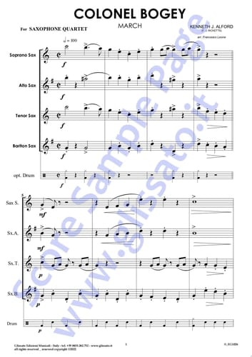 Bb Tenor Sax part of "Colonel Bogey" for Saxophone Quartet March