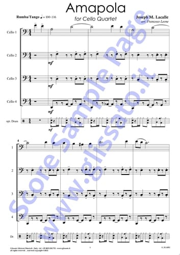 Cello 3 part of "Amapola" for Cello Quartet Tango/Rhumba