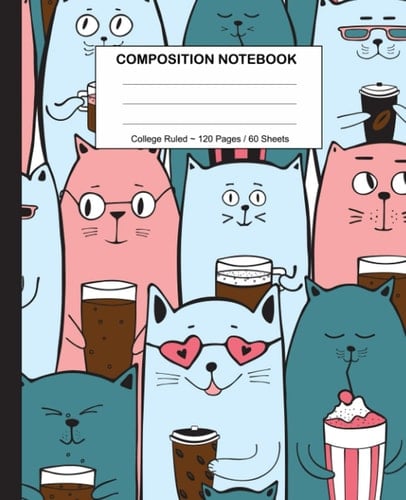 Funny Composition Notebook Pink and Blue Cats Drinking, 7. 5 X9. 25 , 120 Pages, College Ruled