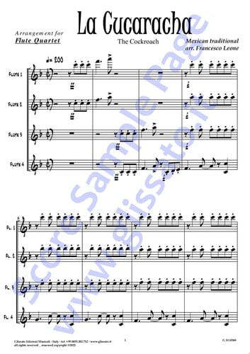 Flute 2 part of "La Cucaracha" for Flute Quartet The Cockroach