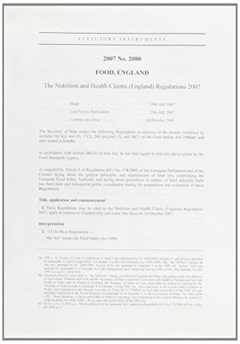 Food, England The Nutrition and Health Claims (England) Regulations 2007