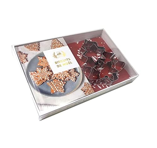 Coffret Biscuits de Noël Le livre de recettes avec 3 emporte-pièces sapin, flocon et étoile en inox
