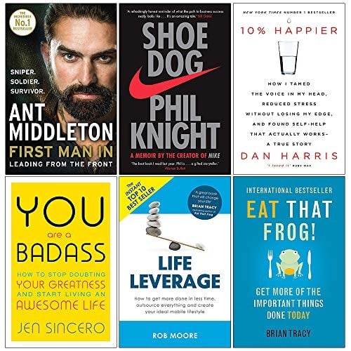 First Man In [Hardcover], Shoe Dog, 10% Happier, You Are a Badass, Life Leverage, Eat That Frog 6 Books Collection Set