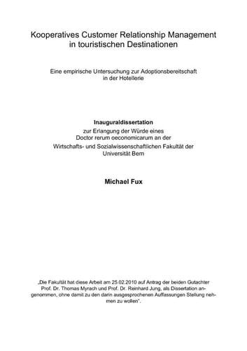 Kooperatives Customer Relationship Management in touristischen Destinationen Eine empirische Untersuchung zur Adoptionsbereitschaft in der Hotellerie