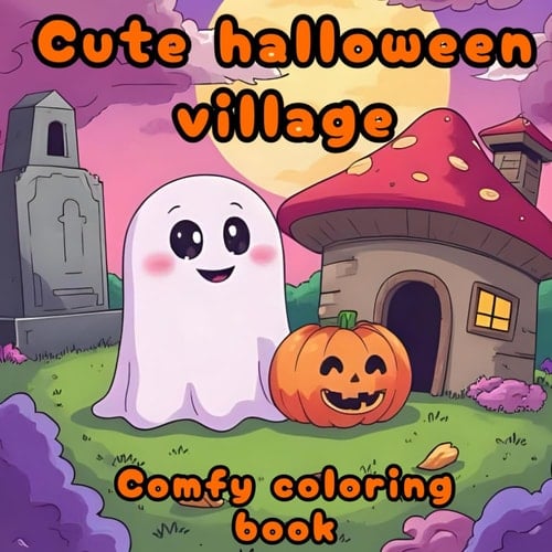 Cute halloween village: Comfy coloring book (French Edition)