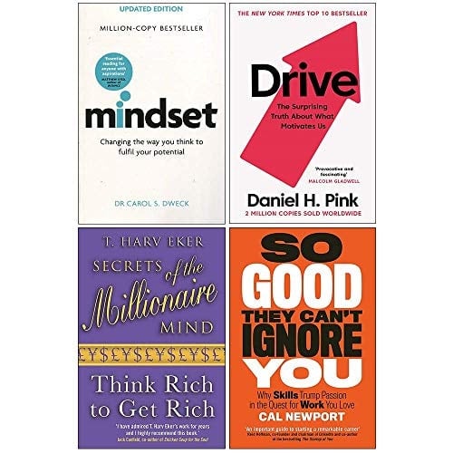 Mindset Carol Dweck, Drive Daniel H. Pink, Secrets of the Millionaire Mind, So Good They Can't Ignore You 4 Books Collection Set