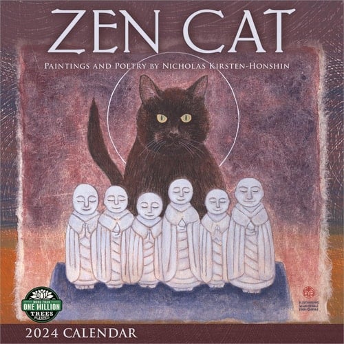Zen Cat 2024 Wall Calendar: Meditational Art by Nicholas Kirsten-Honshin | 12" x 24" Open | Amber Lotus Publishing