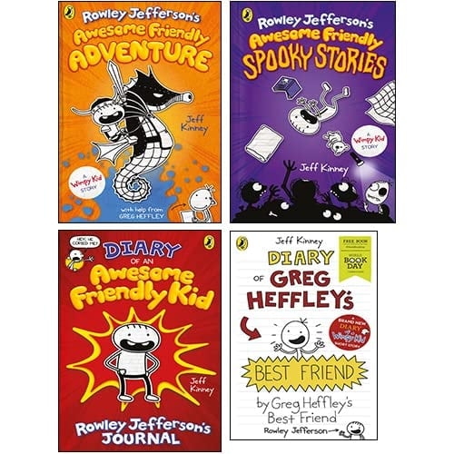 Jeff Kinney Collection 4 Books Set (Diary of an Awesome Friendly Kid, Rowley Jefferson's Awesome Friendly Adventure,Awesome Freindly Spookystories, Diary of Greg Heffley's Best Friend)