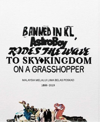 Banned in KL, astroboy rides the wave to sky kingdom on a grasshopper Malaysia melalaui lima belas poskad 1886-2019