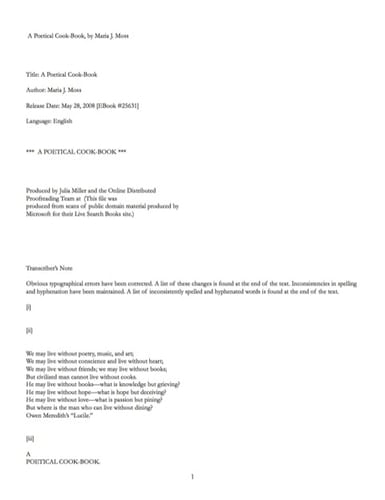 A Poetical Cook-book, by Maria J Moss - The Original Classic Edition