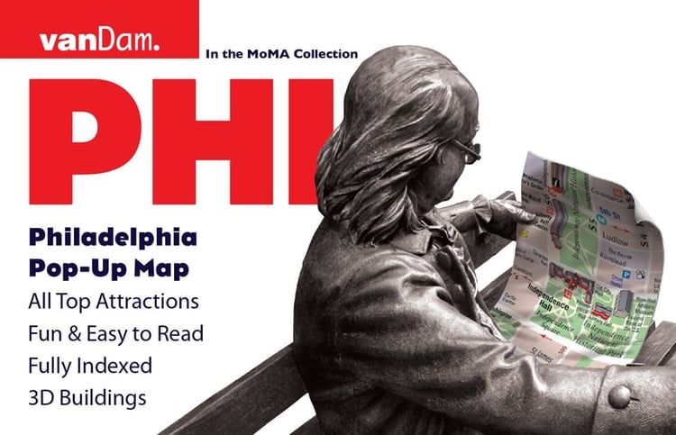 Philadelphia Pop-Up Map by VanDam — Laminated pocket size pop-up map of Central Philadelphia with all attractions, museums, sights, hotels & SEPTA Transit Map