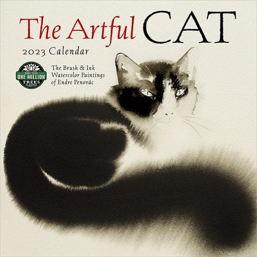 The Artful Cat 2023 Wall Calendar: Brush & Ink Watercolor Paintings by Endre Penovac | 12" x 24" Open | Amber Lotus Publishing