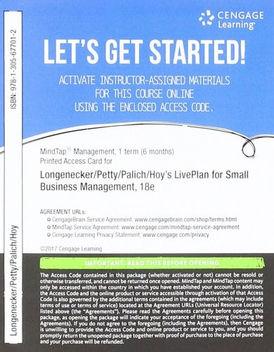 MindTap Management with Live Plan, 1 term (6 months) Printed Access Card for Longenecker/Petty/Palich/Hoy's Small Business Management: Launching & Growing Entrepreneurial Ventures, 18th