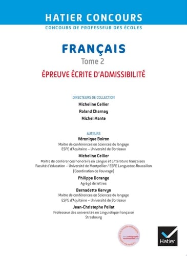 Hatier Concours CRPE 2019 - Français tome 2 - Epreuve écrite d'admissibilité