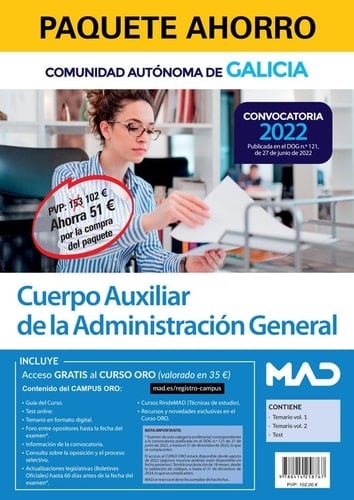 Paquete Ahorro Cuerpo Auxiliar de la Comunidad Autónoma de Galicia. Ahorra 51 € (incluye en papel: Temario volúmenes 1 y 2; Test; y acceso online gratis al Curso Oro)