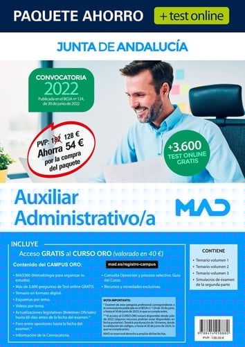 Paquete Ahorro + TEST ONLINE Auxiliar Administrativo/a Junta de Andalucía. Ahorra 54€ (incluye en papel: Temario volúmenes 1, 2 y 3; Simulacros de ... gratis al Curso Oro) 2º envío: 01/08/22