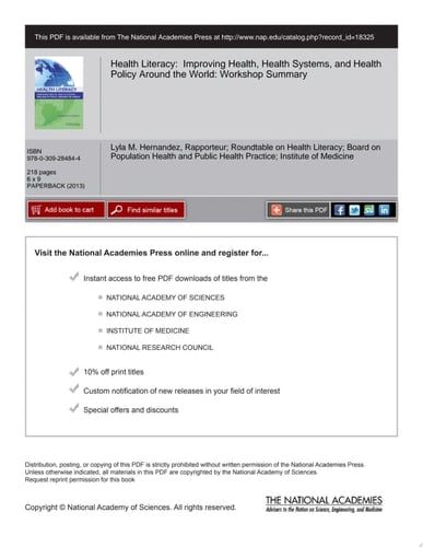 Health Literacy Improving Health, Health Systems, and Health Policy Around the World: Workshop Summary