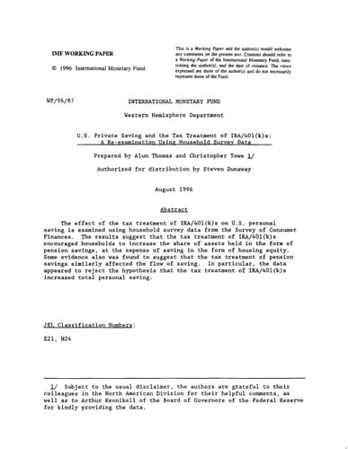 U.S. Private Saving and the Tax Treatment of IRA/401(k)s A Re-examination Using Household Survey Data