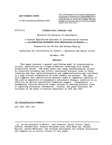 A General Equilibrium Approach to Interenterprise Arrears in Transition Economies with Application to Russia