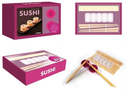 Sushi 1 livre de 30 recettes + 1 natte à rouler + 1 moule à sushi + 2 paires de baguettes + 2 bols à wasabi