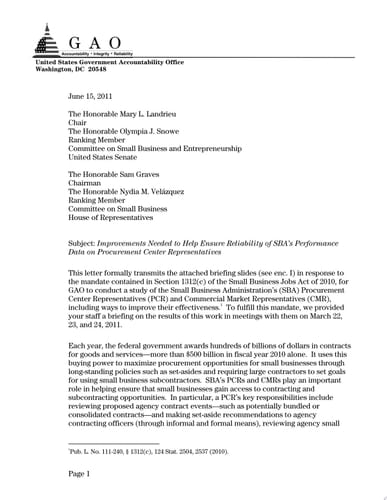 Improvements Needed to Help Ensure Reliability of SBA's Performance Data on Procurement Center Representatives