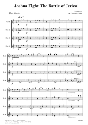 Joshua Fight The Battle of Jerico - Easy Flute Quartet (score & parts)