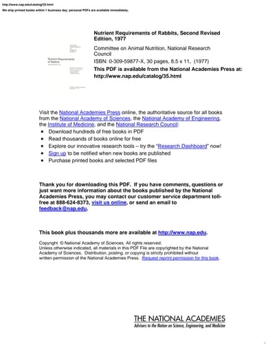 Nutrient Requirements of Rabbits, Second Revised Edition, 1977