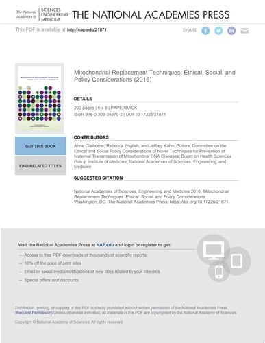 Mitochondrial Replacement Techniques Ethical, Social, and Policy Considerations