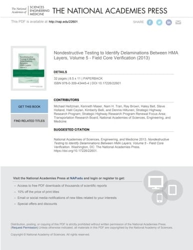 Nondestructive Testing to Identify Delaminations Between HMA Layers, Volume 5 - Field Core Verification