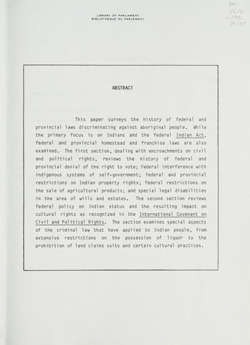 Aboriginal People History of Discriminatory Laws