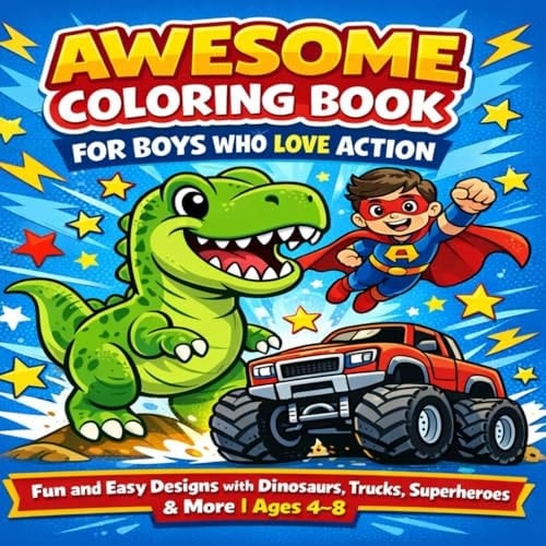 Awesome Coloring Book for Boys Who Love Action: Fun and Easy Designs with Dinosaurs, Trucks, Superheroes & More | Ages 4–8