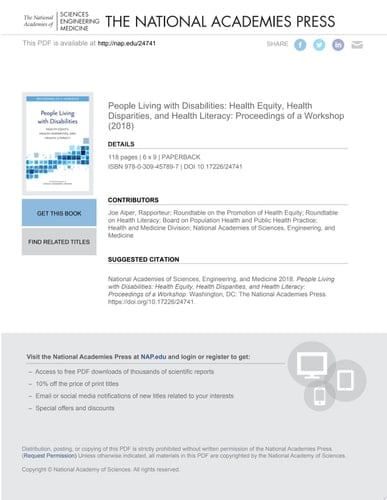People Living with Disabilities Health Equity, Health Disparities, and Health Literacy: Proceedings of a Workshop