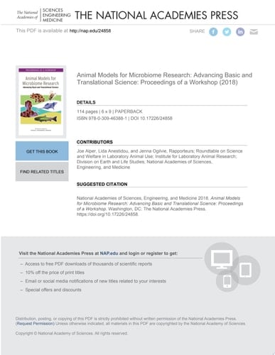 Animal Models for Microbiome Research Advancing Basic and Translational Science: Proceedings of a Workshop