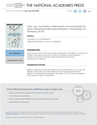 Care, Use, and Welfare of Marmosets as Animal Models for Gene Editing-Based Biomedical Research Proceedings of a Workshop