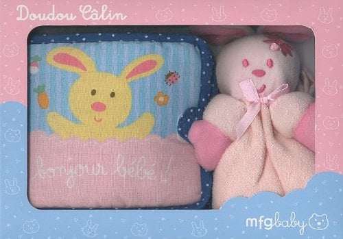Boîte Doudou Câlin Lapin rose et livre tissu