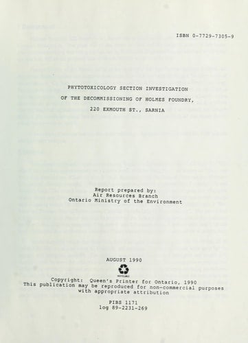 Phytotoxicology Section Investigation of the Decommissioning of Holmes Foundry, 220 Exmouth St., Sarnia : Report
