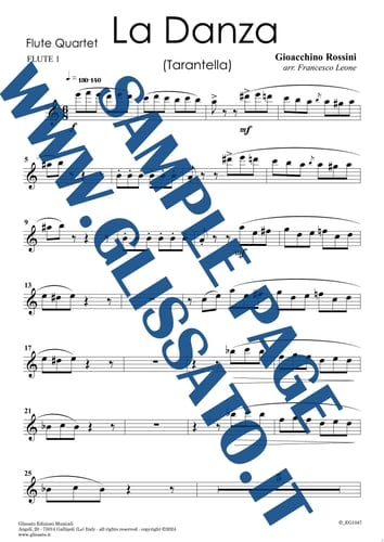 Flute 1 part of "La Danza" tarantella by Rossini for Flute Quartet for intermediate flute players