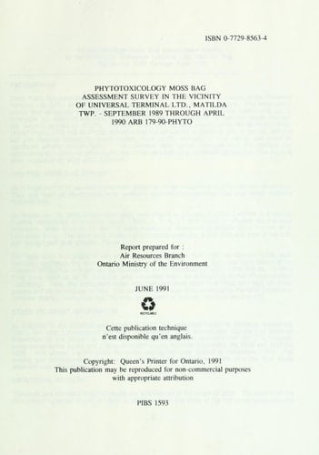 Phytotoxicology Moss Bag Assessment Survey in the Vicinity of Universal Terminal Ltd., Matilda Twp., September 1989 Through April 1990 : Report
