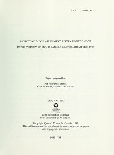 Phytotoxicology Assessment Survey Investigation in the Vicinity of Crane Canada Limited, Stratford, 1989 : Report