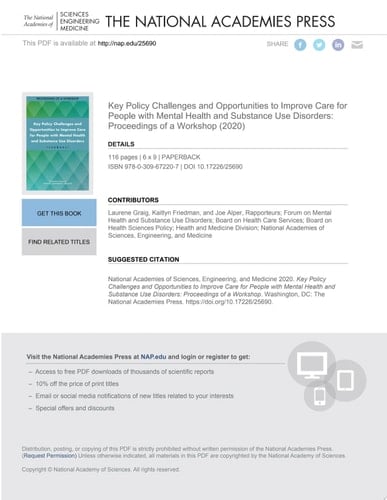 Key Policy Challenges and Opportunities to Improve Care for People with Mental Health and Substance Use Disorders Proceedings of a Workshop