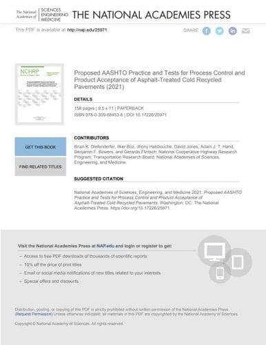 Proposed AASHTO Practice and Tests for Process Control and Product Acceptance of Asphalt-Treated Cold Recycled Pavements