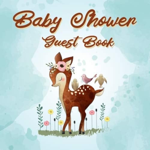 Baby Shower Guest Book Baby Deer with Birds Guestbook, Baby Shower Guest Book with Watercolor Deer, Unique Sign in Book