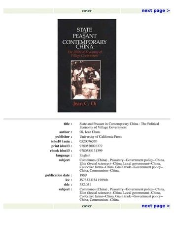 State and Peasant in Contemporary China: The Political Economy of Village Government